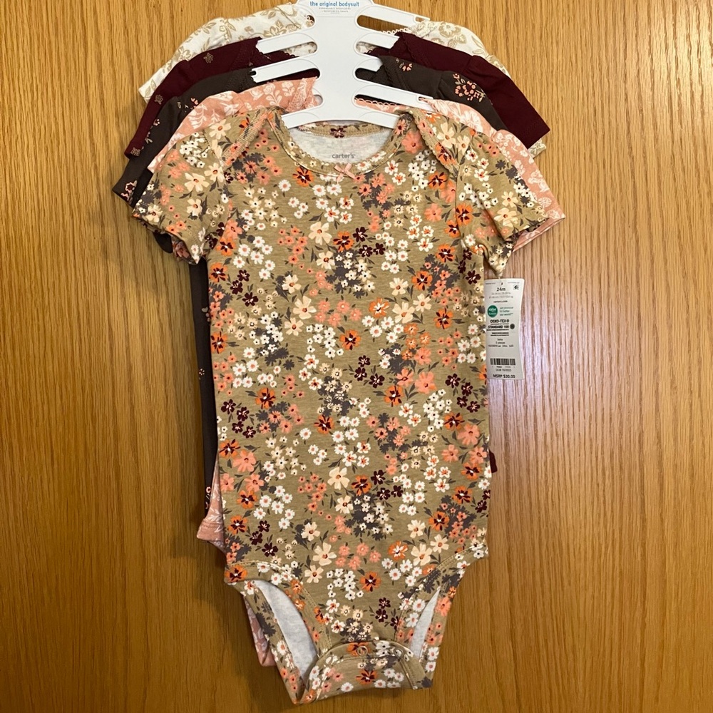 Carter’s 5 piece Bodysuit Set. Burgundy, Pink, Cream, Brown. Floral.